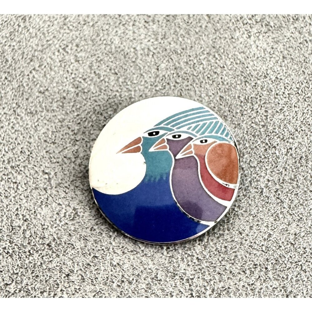 Vintage Signed LAUREL BURCH Enamel "Celestial Birds" BROOCH 3 Colorful Birds 1"